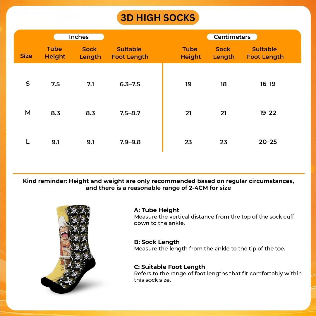 3D high Socks Size Chart - Bee and PuppyCat Merch
